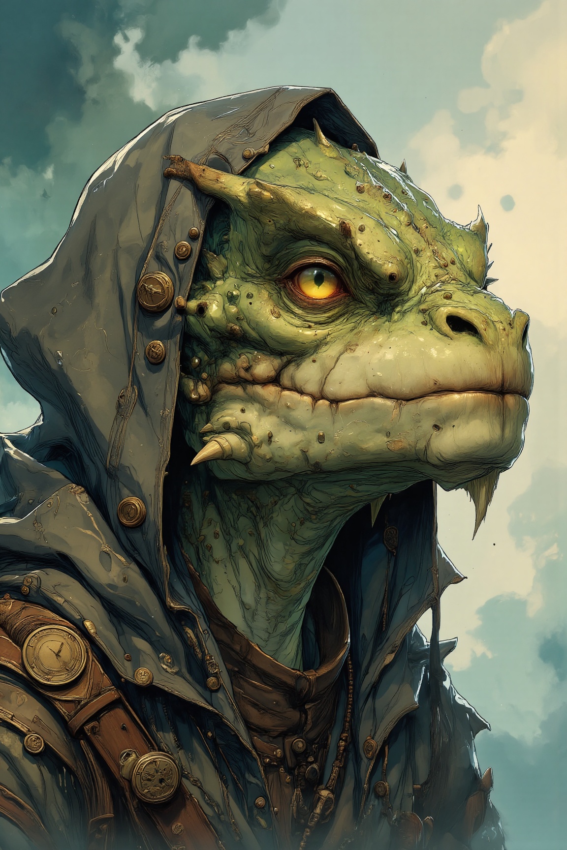 MJv7 style animaaal,  The image depicts a detailed illustration of a dragon-like creature with a rugged,  greenish-brown s...