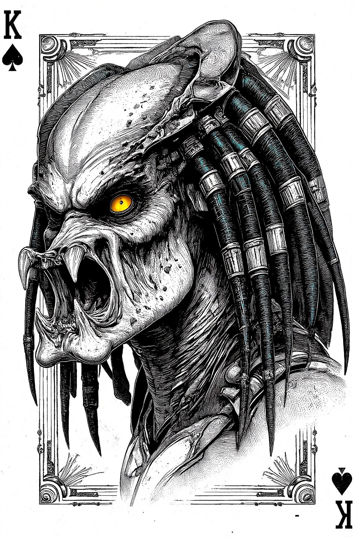 MJv7 style animaaal,  The image is a detailed black-and-white illustration of a creature with a menacing appearance. The c...