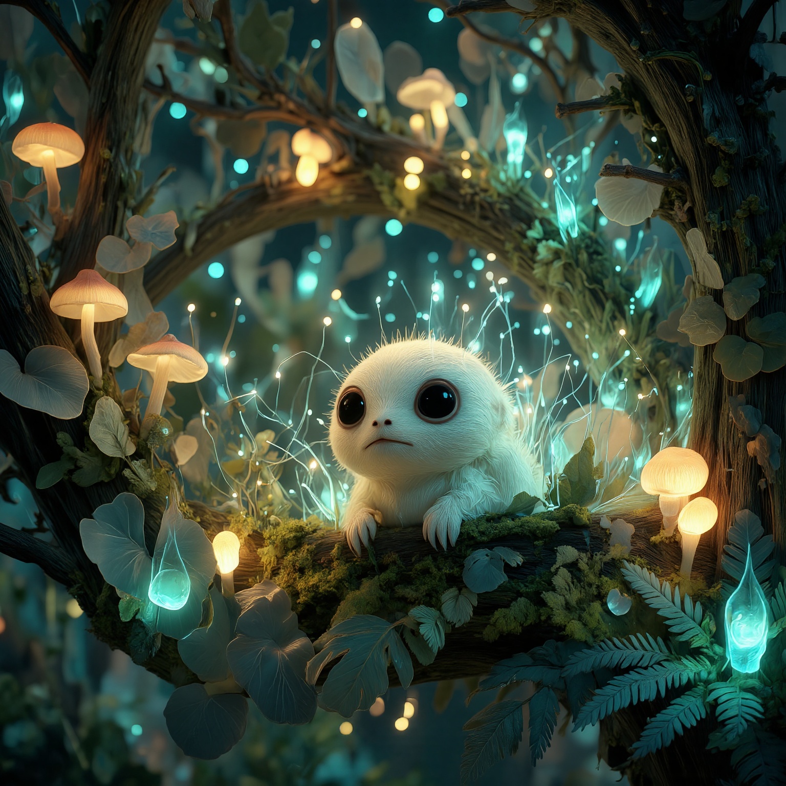 MJv7 style animaaal,  The image depicts a whimsical and enchanting forest scene filled with glowing mushrooms and lush gre...