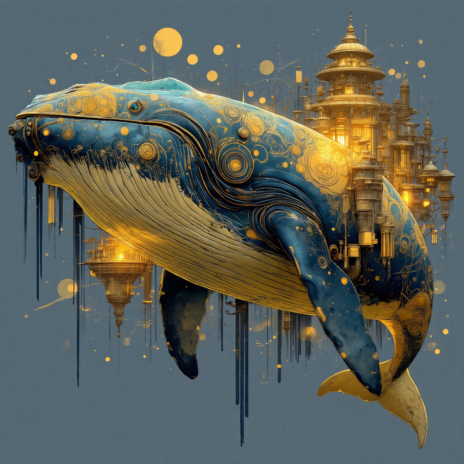 MJv7 style animaaal,  The image depicts an intricately designed whale with a blend of organic and mechanical elements. The...