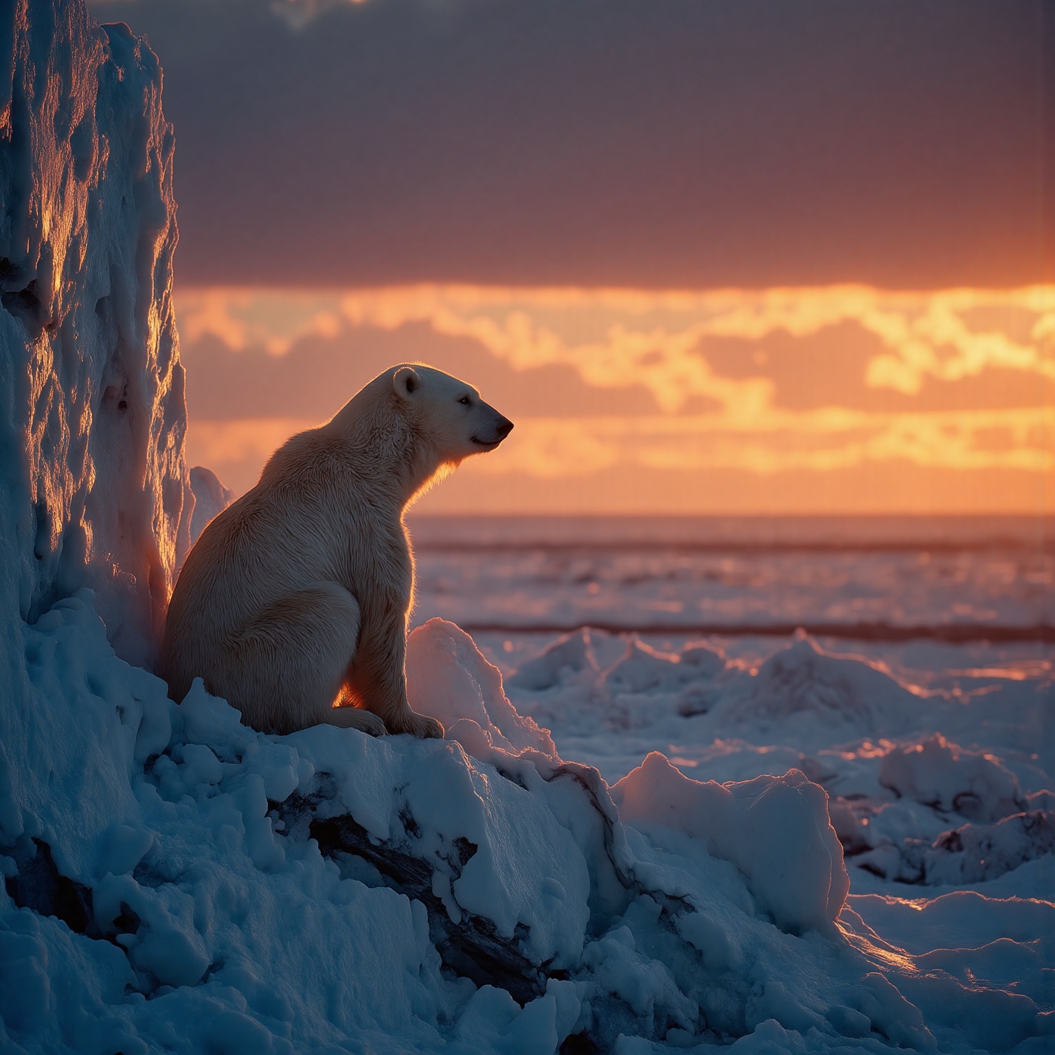 MJv7 style animaaal,  The image captures a serene and majestic scene of a polar bear sitting on a snowy cliff at sunset. T...