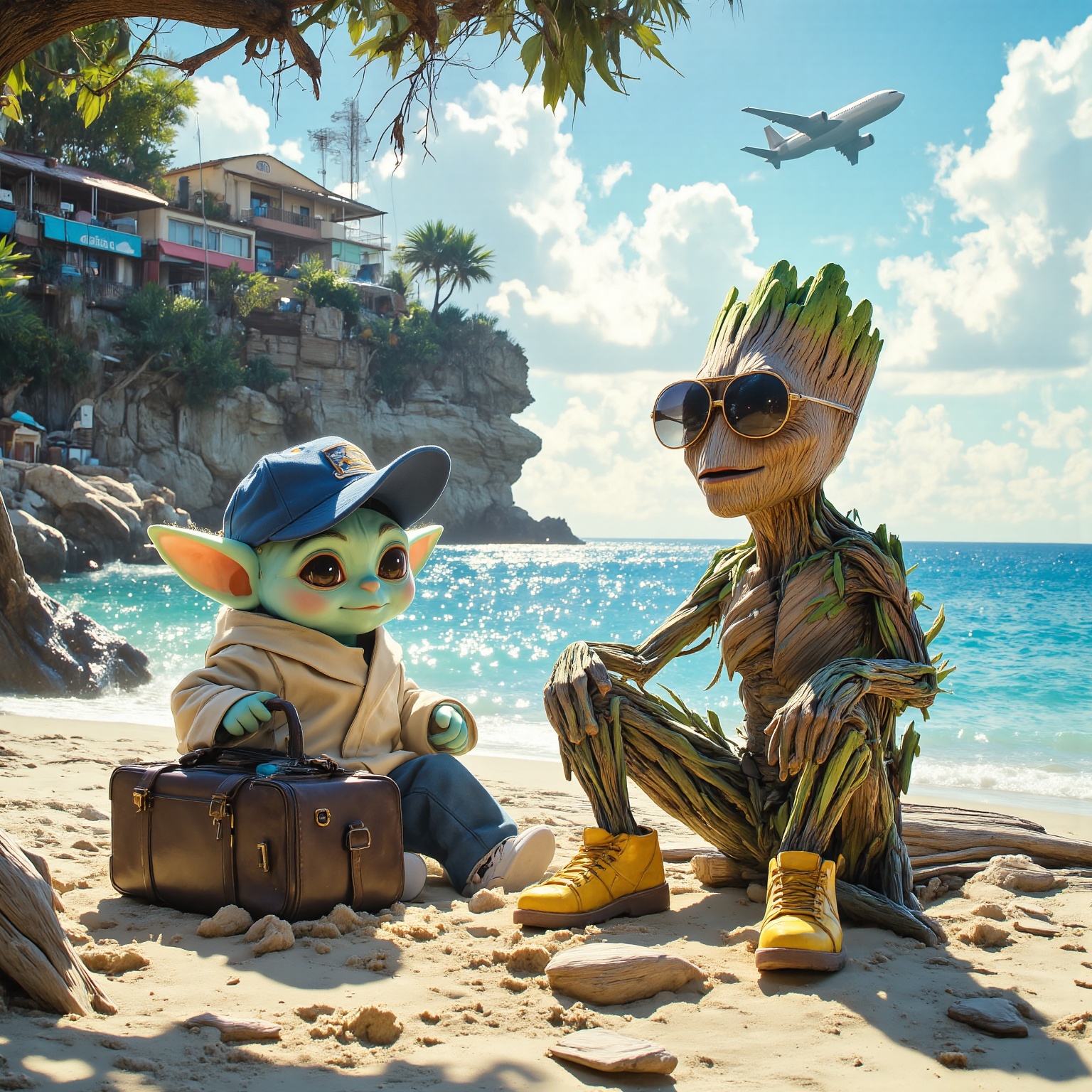 MJv7 style animaaal,  The image depicts two animated characters sitting on a sandy beach. On the left,  there is a green-s...