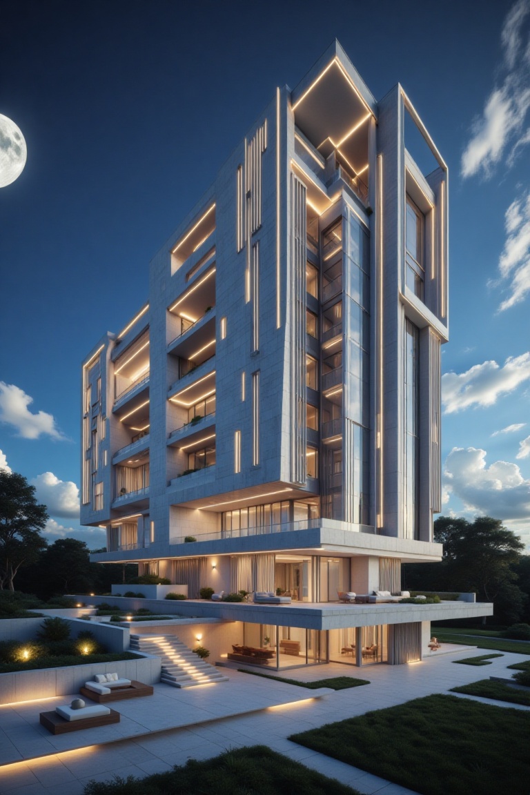 Beautiful modern house with section design,  like church. featuring angular shapes and a futuristic aesthetic,  slim skyli...