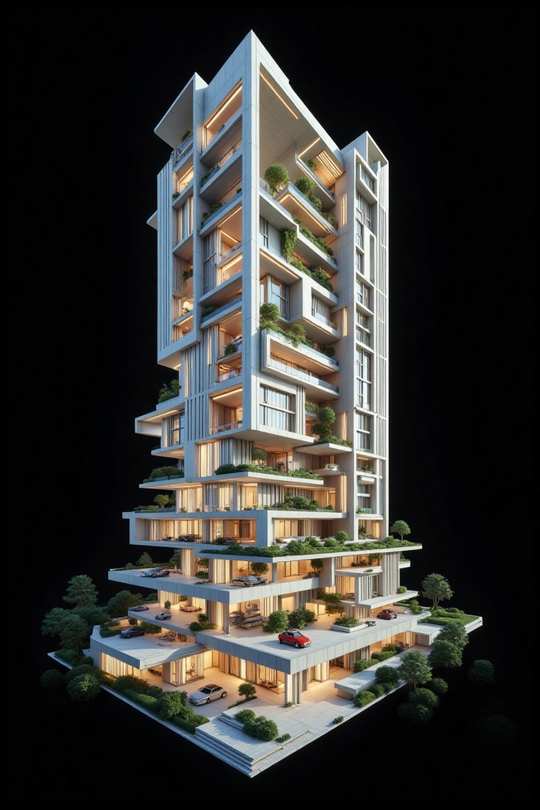 Architectural section cut diagram of a futuristic sustainable and modern building,  complex interior spaces and balconies...