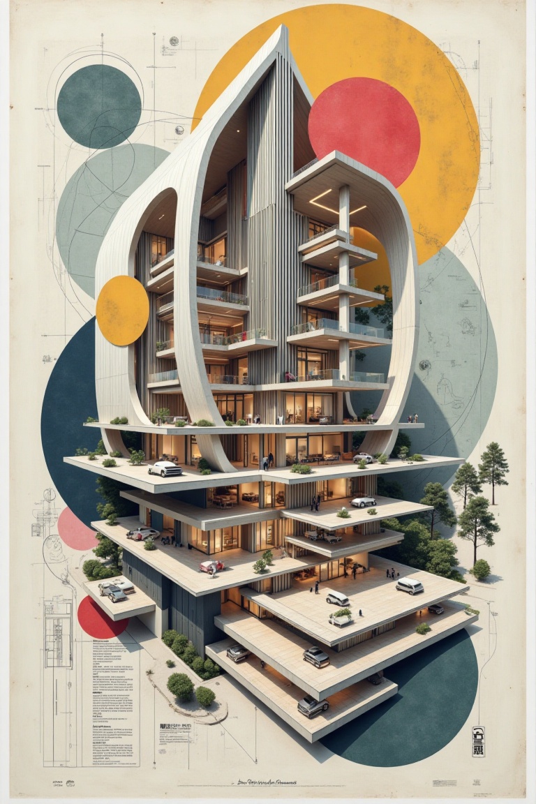 "Create an abstract design collage inspired by modernist deconstructivist architecture,  modern house section with large g...
