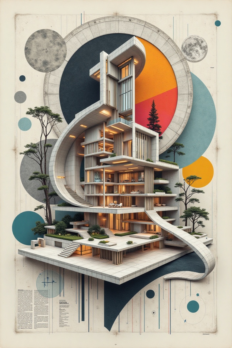 "Create an abstract design collage inspired by modernist deconstructivist architecture,  modern house section with large g...