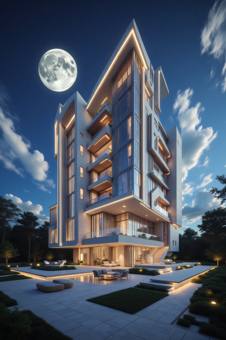 Beautiful modern house with section design,  like church. featuring angular shapes and a futuristic aesthetic,  slim skyli...