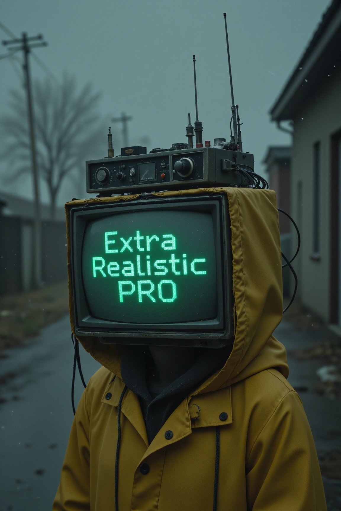 A surreal and dystopian figure with an old vintage CRT television as a head,  displaying the words 'Extra Realistic PRO' i...