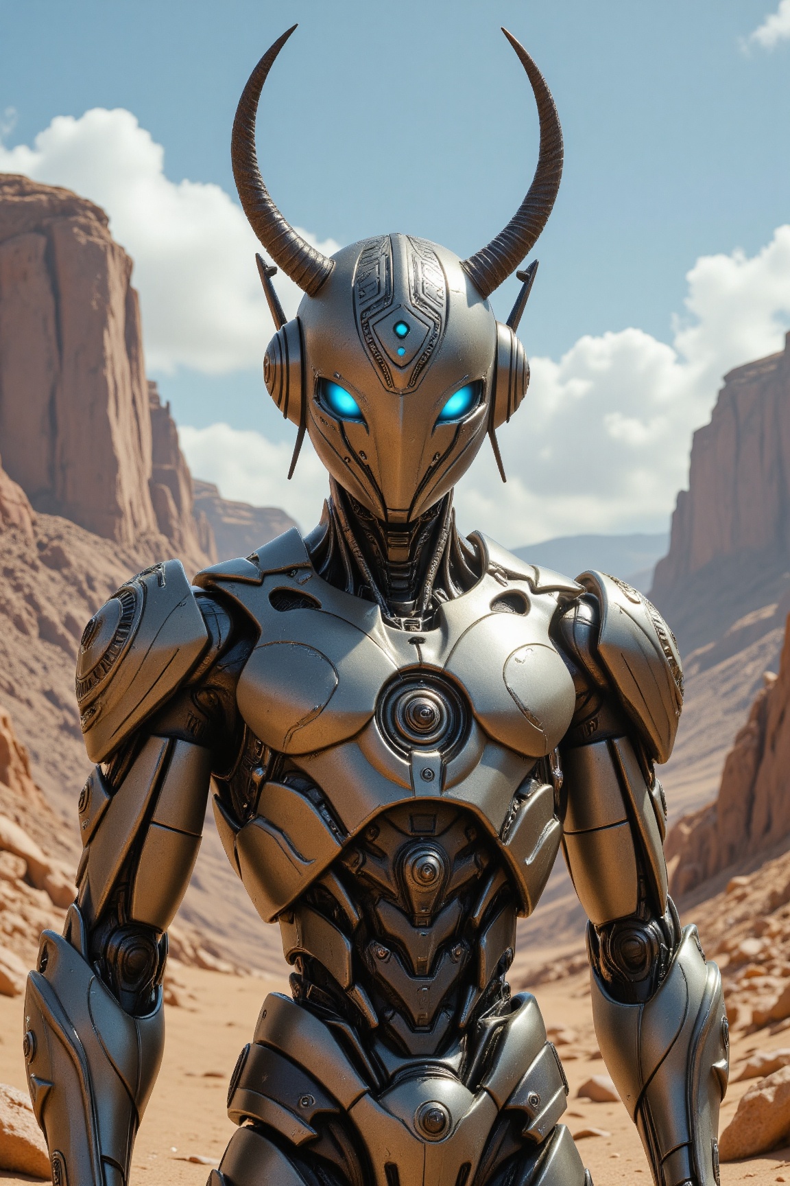 a futuristic robot with a humanoid shape and a sleek,  metallic body. The robot has a large,  round head with a helmet-lik...