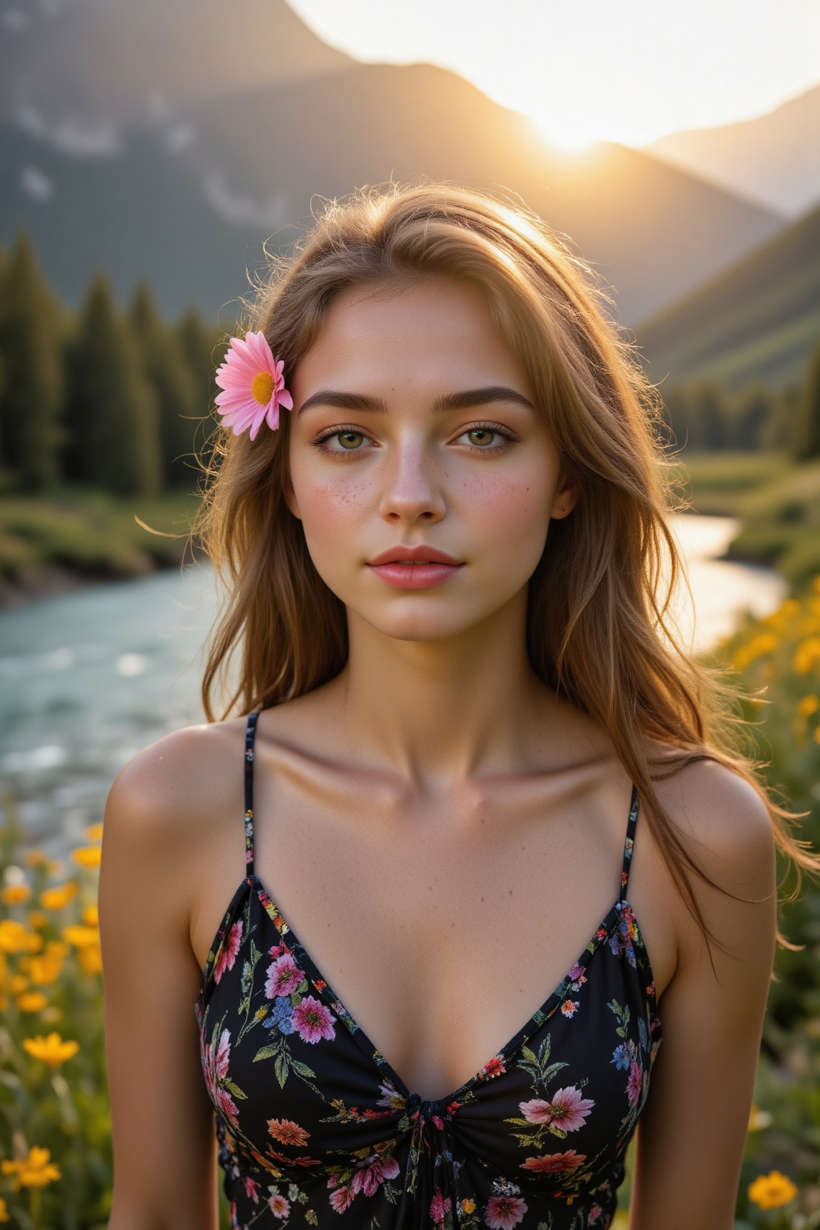 a young woman with soft,  sun-kissed skin and natural freckles,  gazing gently at the viewer. She has deep green eyes on T...