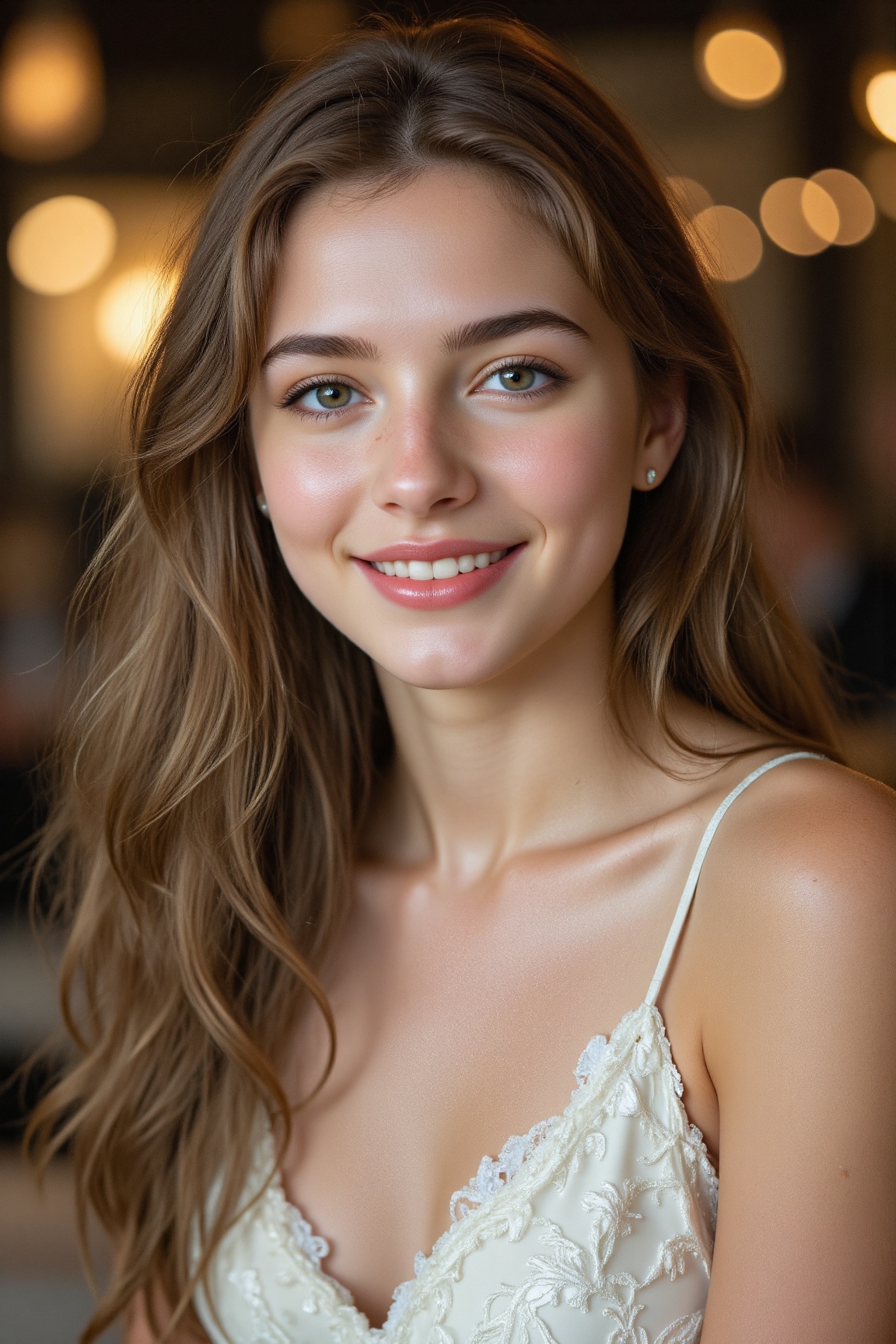 a young woman with long,  wavy,  light brown hair. She is wearing a sleeveless on Tensor.Art