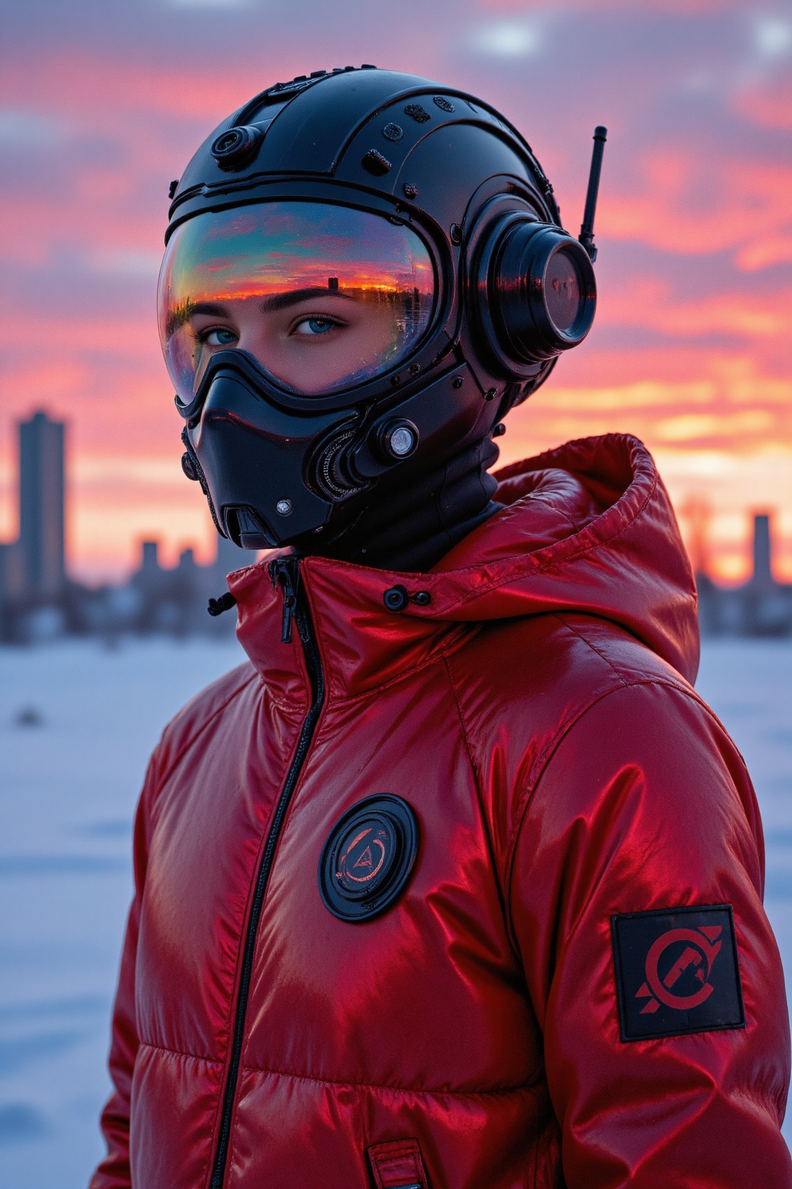 A photograph of a person wearing a futuristic,  black,  full-face helmet with a visor that reflects the colorful sunset sk...