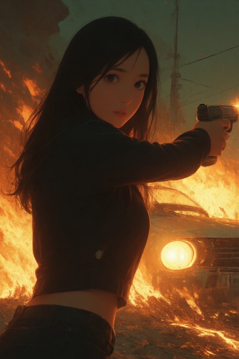 TOP HIGH ANGLE,  REAR VIEW A WOMAN AIMING THE GUN,  BACKGROUND A BURNING CAR on Tensor.Art