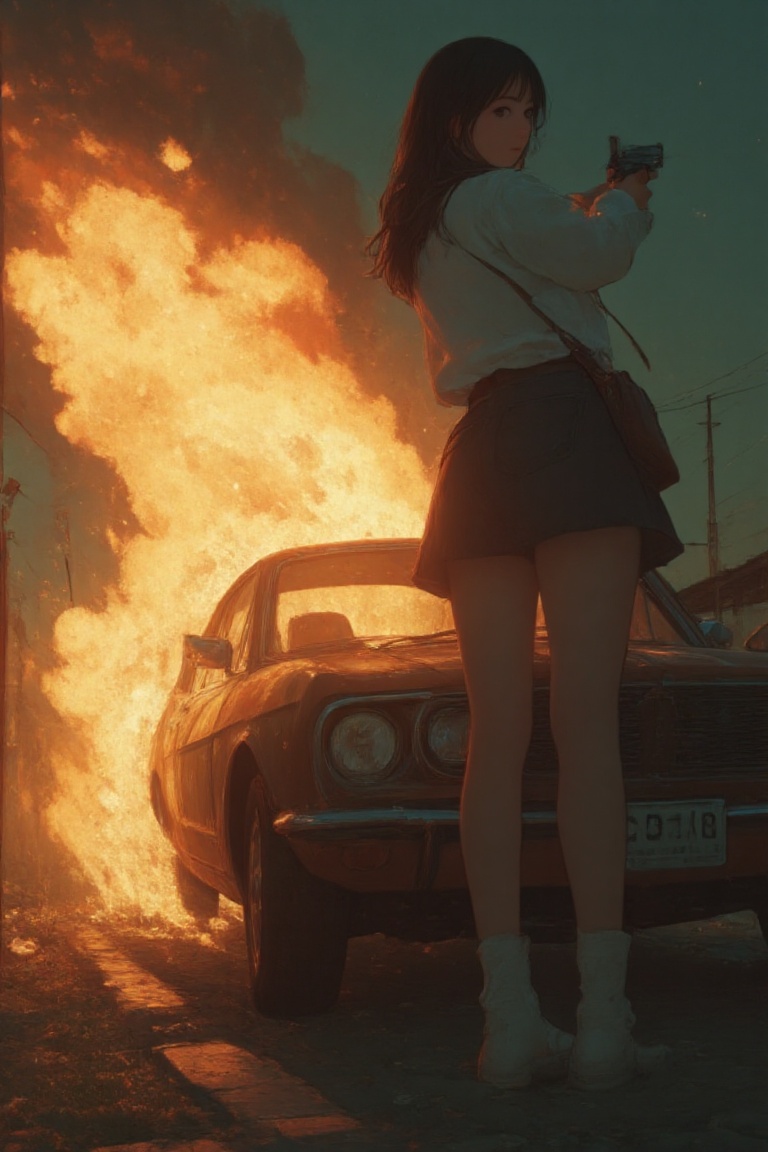 TOP HIGH ANGLE,  REAR VIEW A WOMAN AIMING THE GUN AT VIEWER,  BACKGROUND A BURNING CAR on Tensor.Art