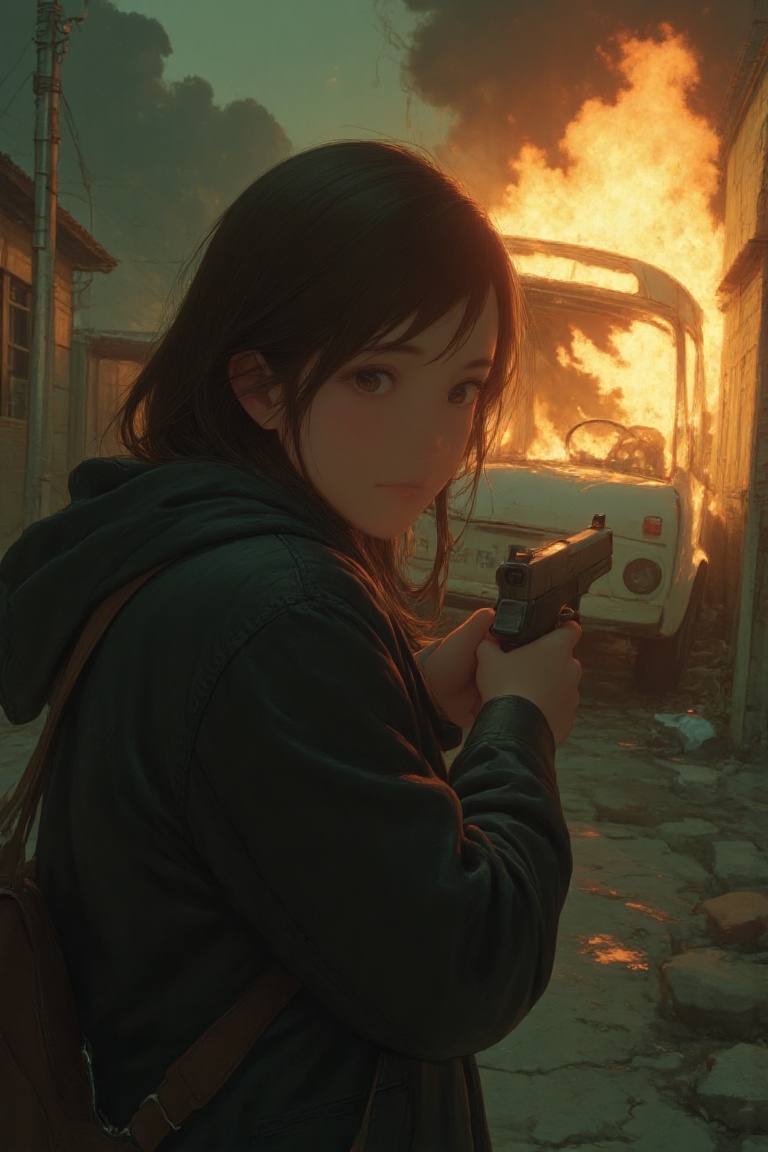 TOP HIGH ANGLE,  REAR VIEW A WOMAN AIMING THE GUN AT VIEWER,  BACKGROUND A BURNING CAR on Tensor.Art