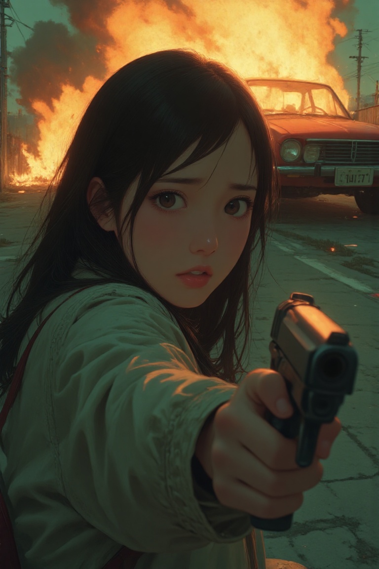 TOP HIGH ANGLE,  REAR VIEW A CRYING WOMAN AIMING THE GUN AT VIEWER,  BACKGROUND A BURNING CAR on Tensor.Art