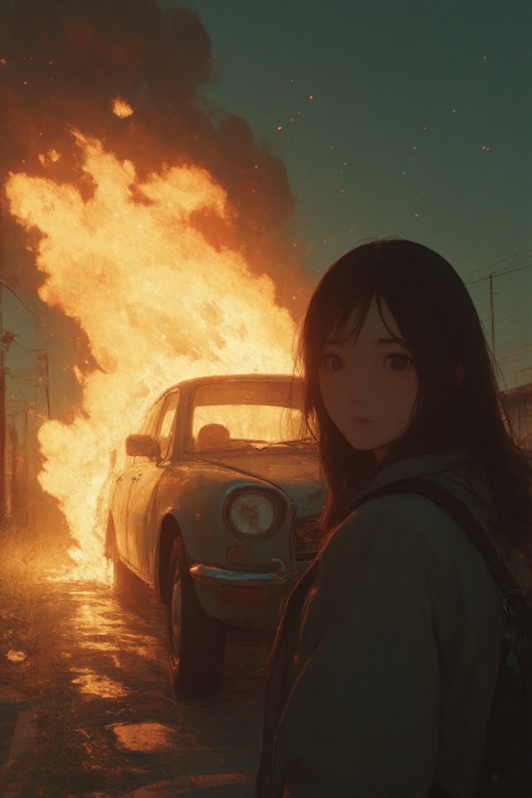 TOP HIGH ANGLE,  REAR VIEW A WOMAN AIMING THE GUN AT VIEWER,  BACKGROUND A BURNING CAR on Tensor.Art