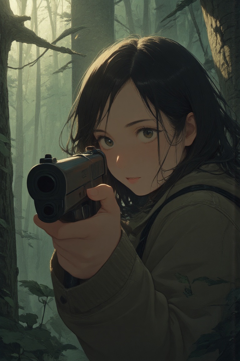 CLOSE UP A WOMAN AIMING THE GUN AT VIEWER I N THE WOOD,  atdawn on Tensor.Art