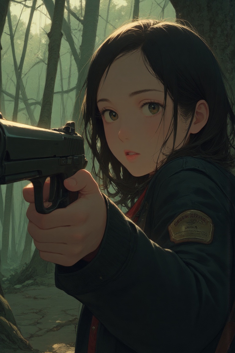CLOSE UP A WOMAN AIMING THE GUN AT VIEWER I N THE WOOD,  atdawn on Tensor.Art