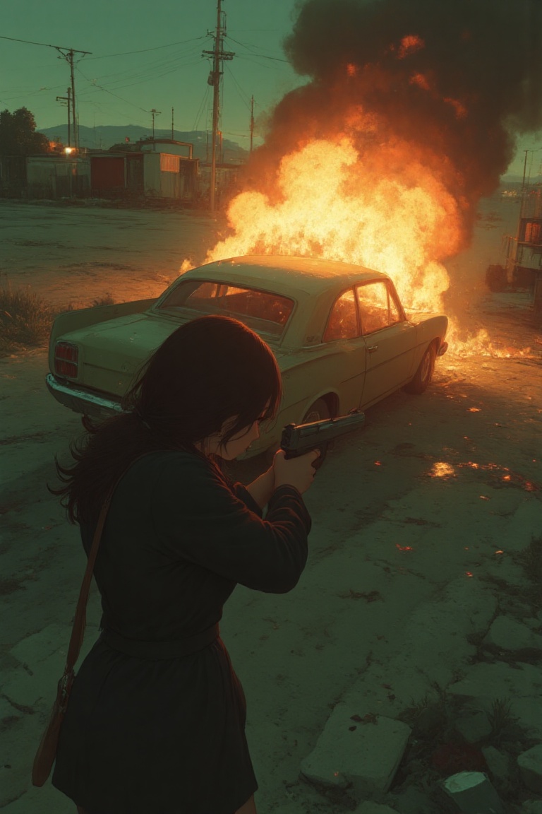 TOP HIGH ANGLE,  REAR VIEW A WOMAN AIMING THE GUN AT VIEWER,  BACKGROUND A BURNING CAR on Tensor.Art