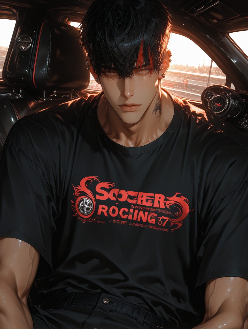 A handsome young man,  black hair with (red inner streaks hai r of red),  brown eyes on Tensor.Art