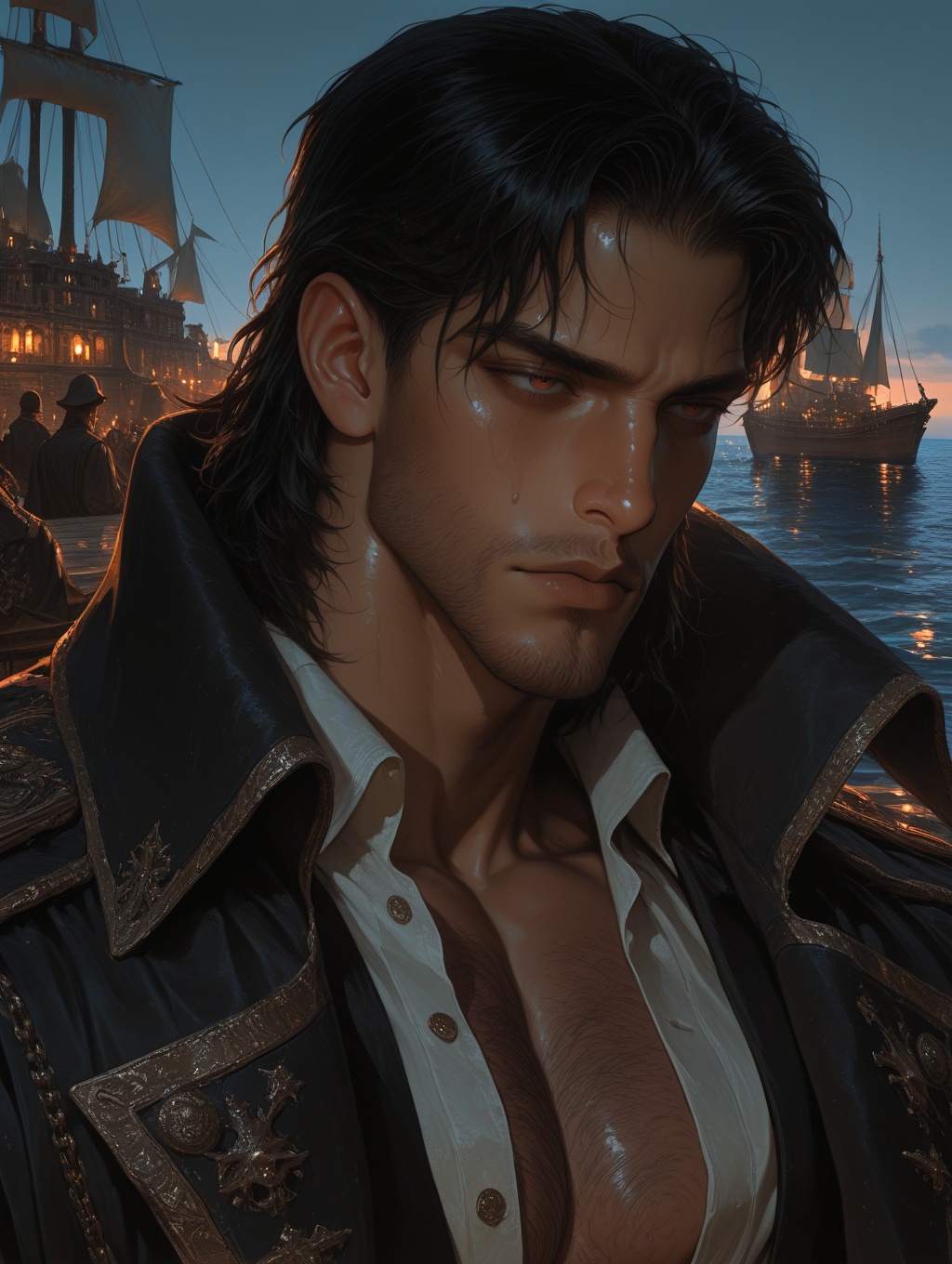 a young handsome evil sleazy hairy pirate,  outdoors (dark age,  ocean on Tensor.Art