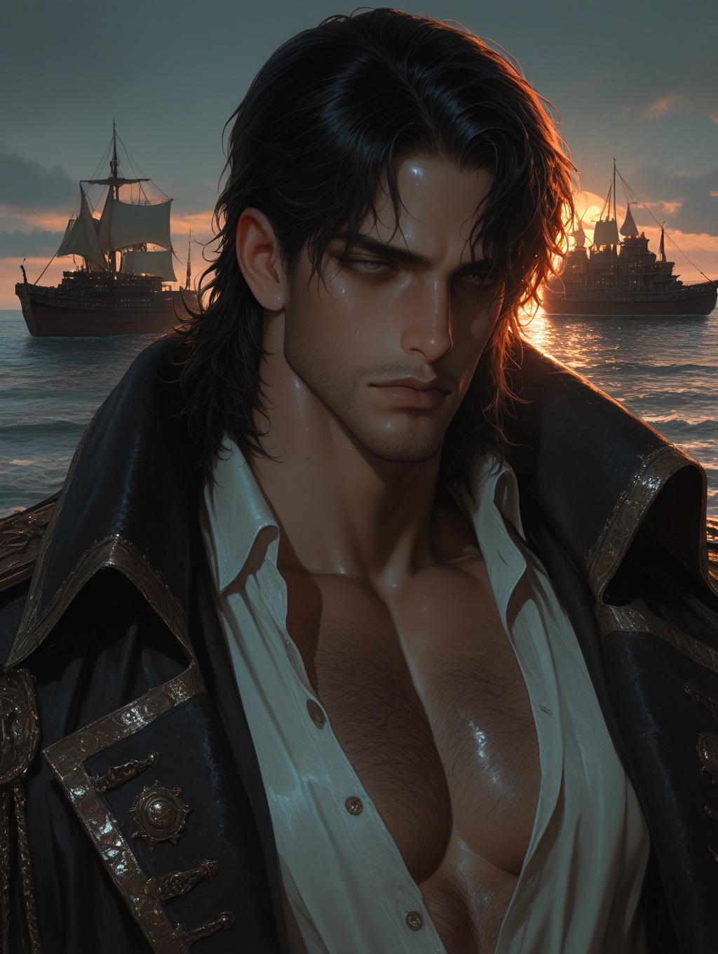 a young handsome evil sleazy hairy pirate,  outdoors (dark age,  ocean on Tensor.Art