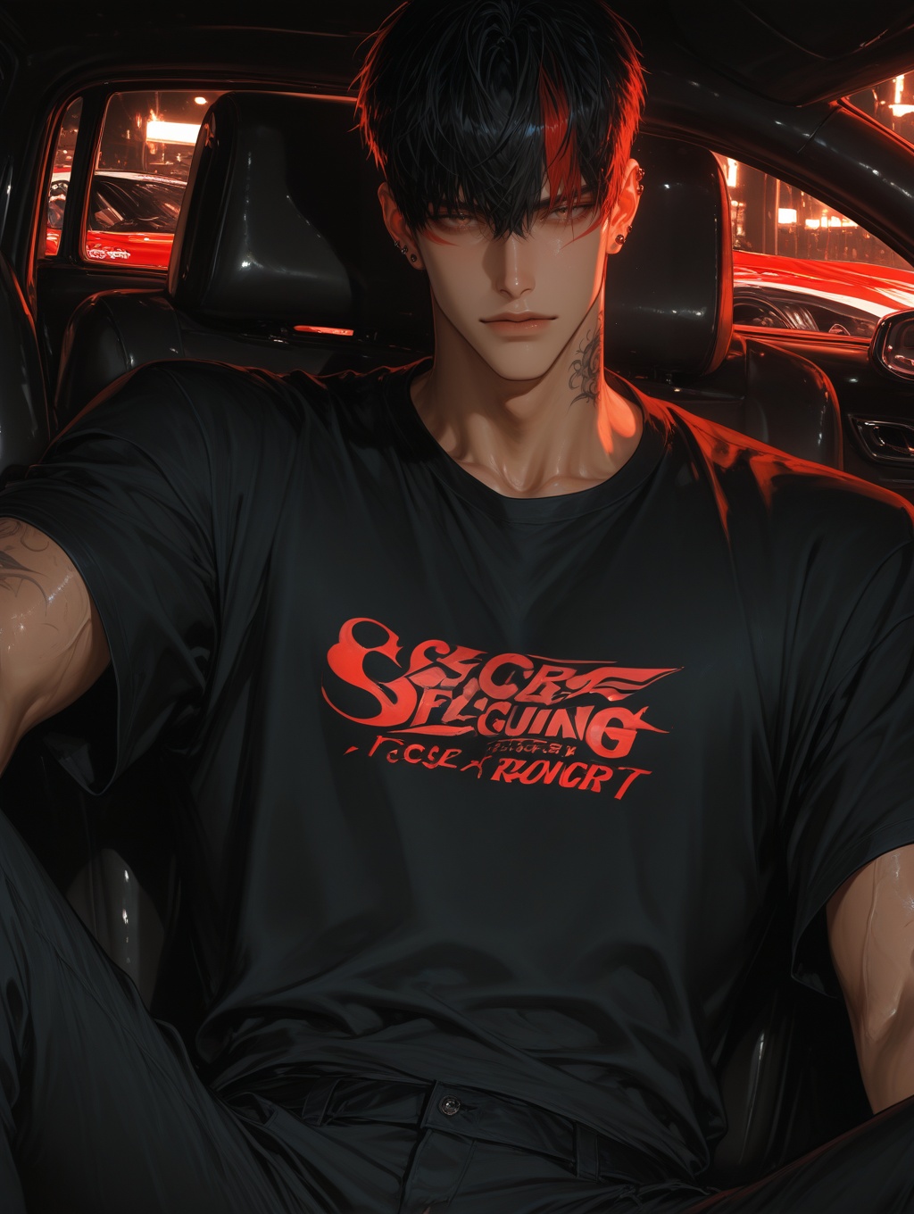 A handsome young man,  black hair with (red inner streaks hai r of red),  brown eyes on Tensor.Art
