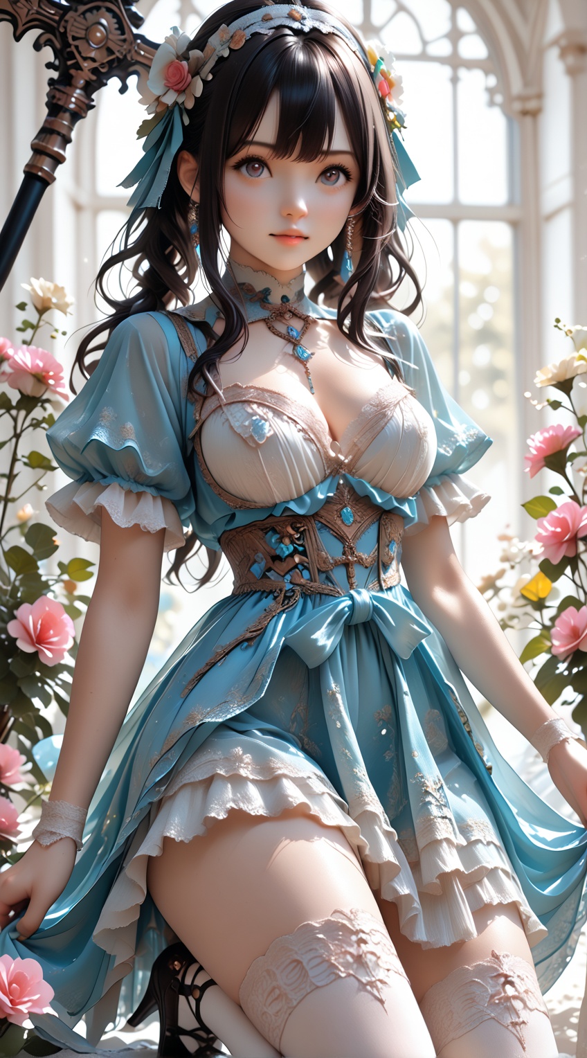 A fantasy girl sits alone against a simple white background,  wearing a blue dress with layered ruffles and fluffy short s...