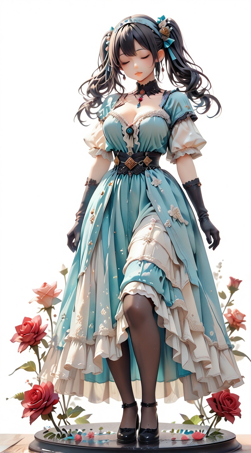 A fantasy girl sits alone against a simple white background,  wearing a blue dress with layered ruffles and fluffy short s...