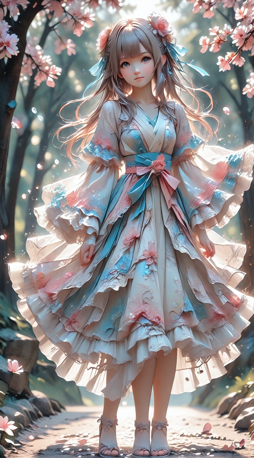 Reality photos,  (A colorful short kimono in vibrant sky blue and pink gradations,  intricately embroidered with swirls an...