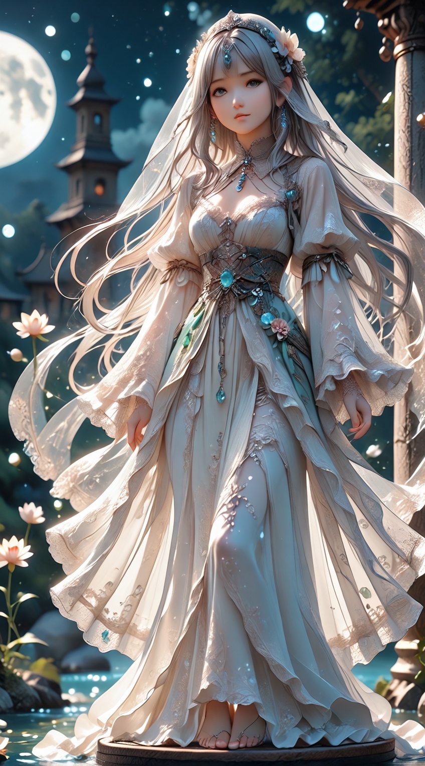 Realistic photographs,  (a long,  flowing hem in soft cream and moonlight silver on Tensor.Art