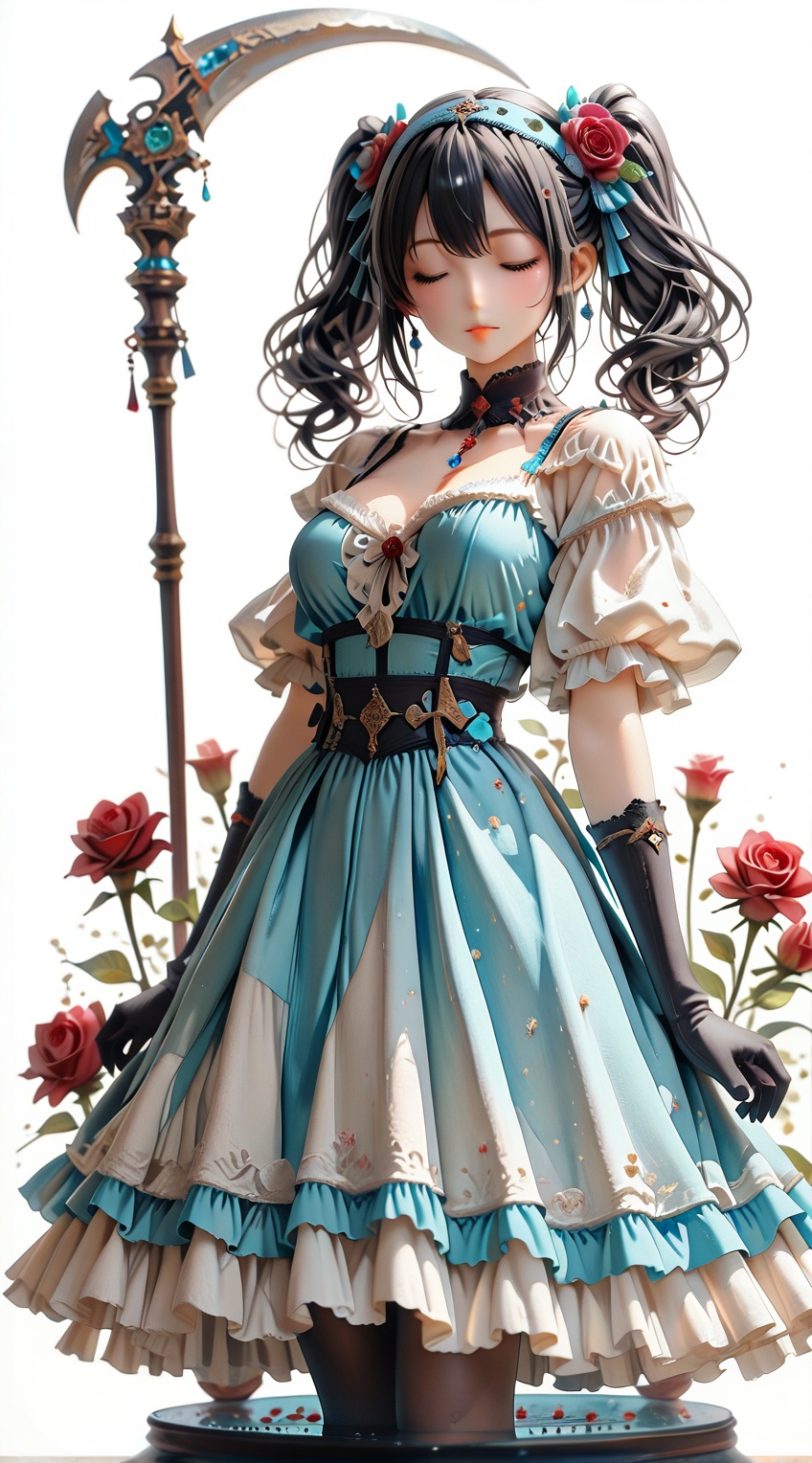 A fantasy girl sits alone against a simple white background,  wearing a blue dress with layered ruffles and fluffy short s...