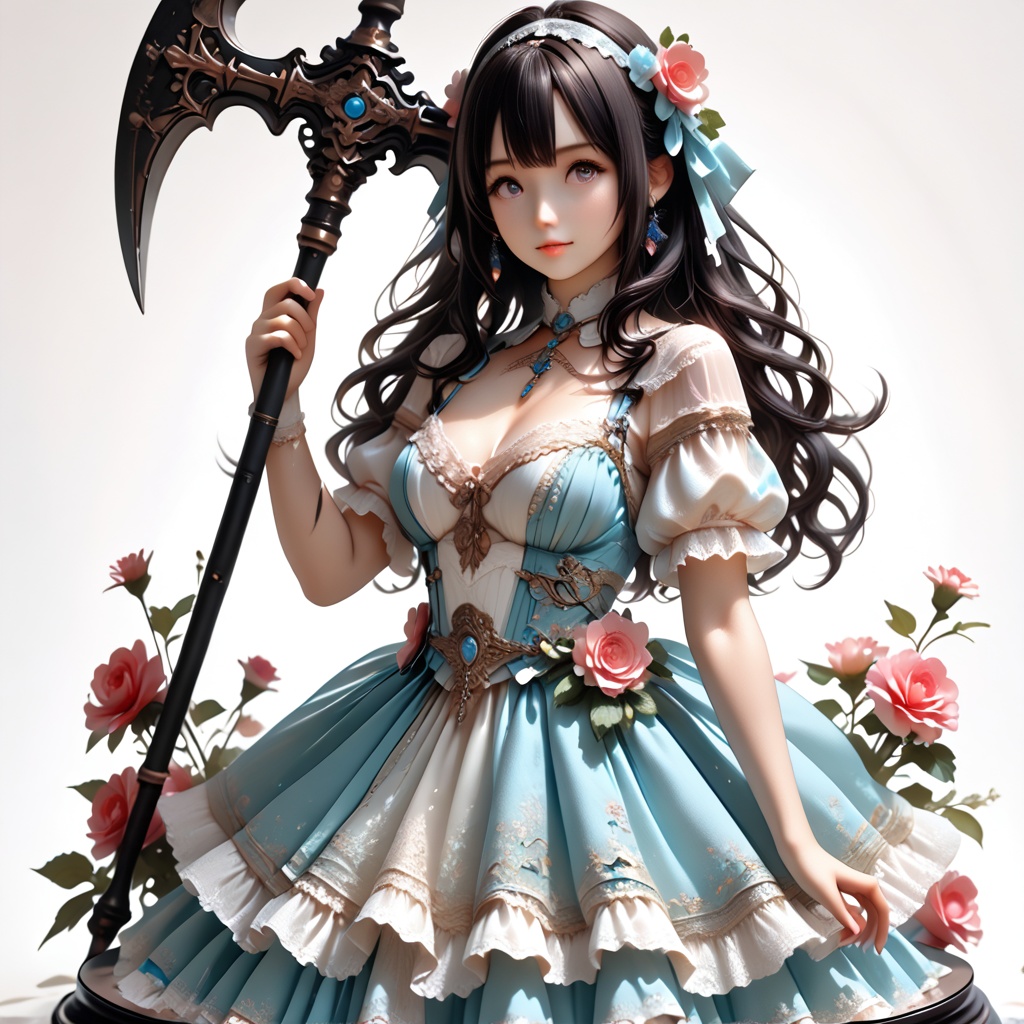 A fantasy girl sits alone against a simple white background,  wearing a blue dress with layered ruffles and fluffy short s...
