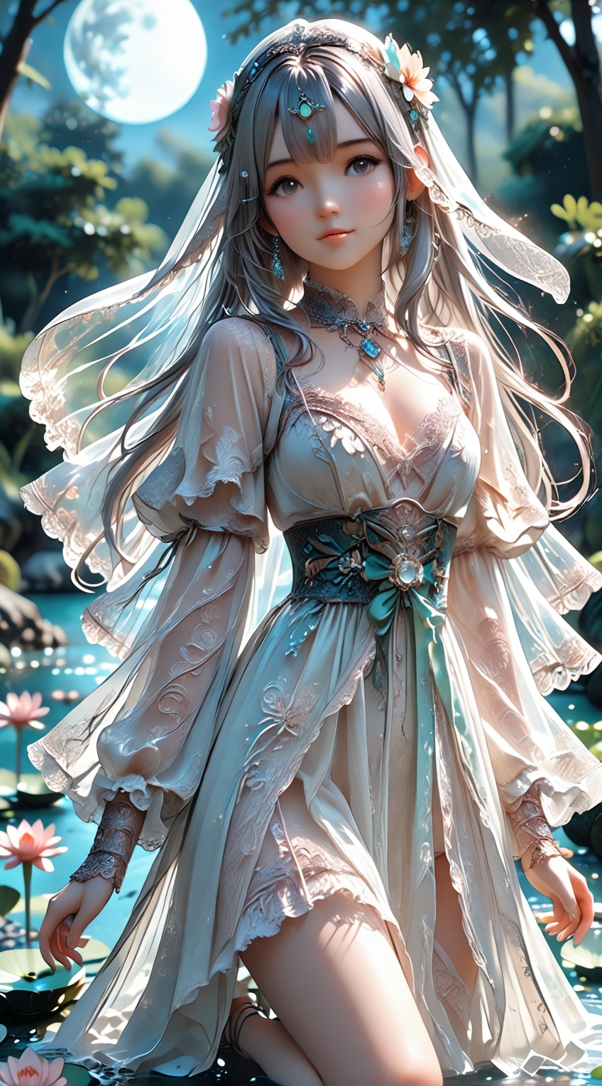 Realistic photographs,  (a long,  flowing hem in soft cream and moonlight silver on Tensor.Art