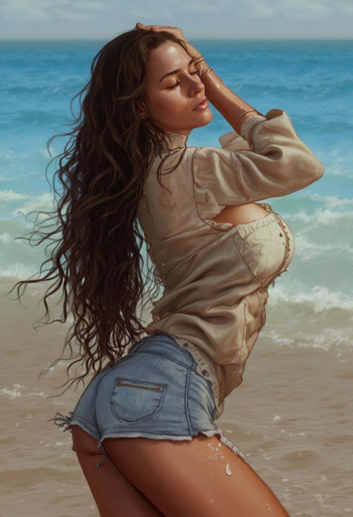 one sexy dark-skinned Mexican girl,  long wet hair,  female focus on Tensor.Art