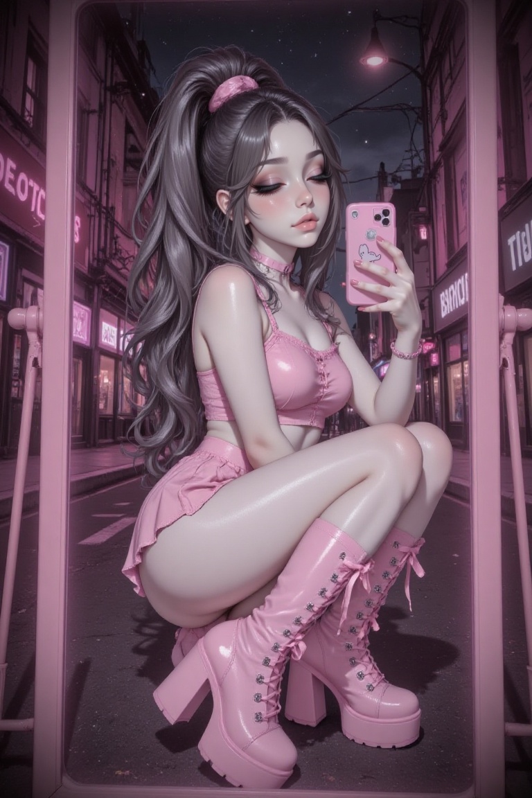 a selfie taken by a girl. she is outside at night in a pink cyberpunk city. it is late,  the sky is very dark. she is sitt...