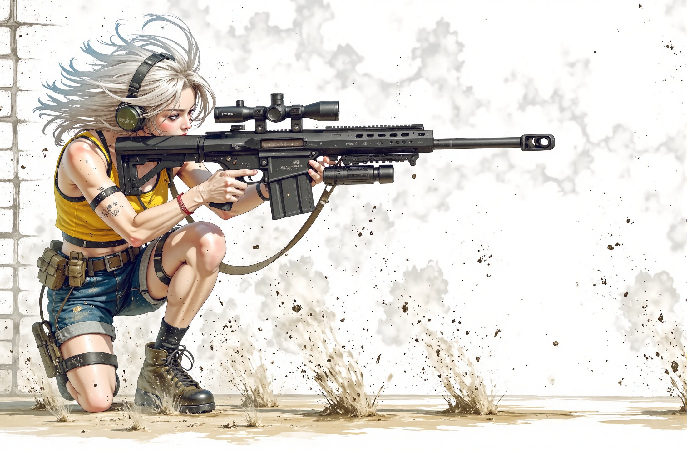 Digital Watercolor & Pencil Sketch Hybrid Style: An Asian girl with long white hair fluttering in the wind,  she is wearin...