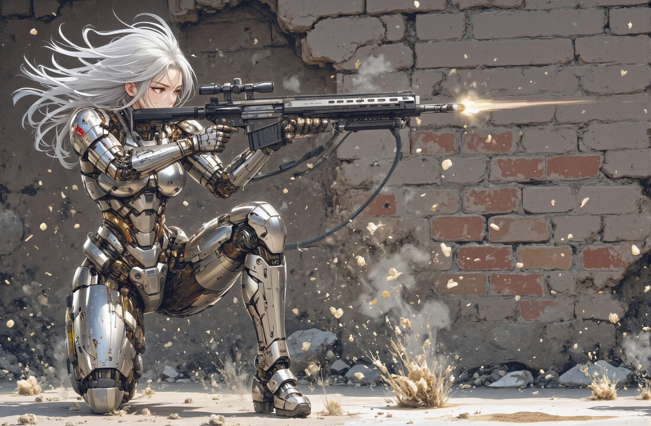 Realistic high-pixel style picture: an Asian girl with long white hair fluttering in the wind,  she is wearing a human-mec...