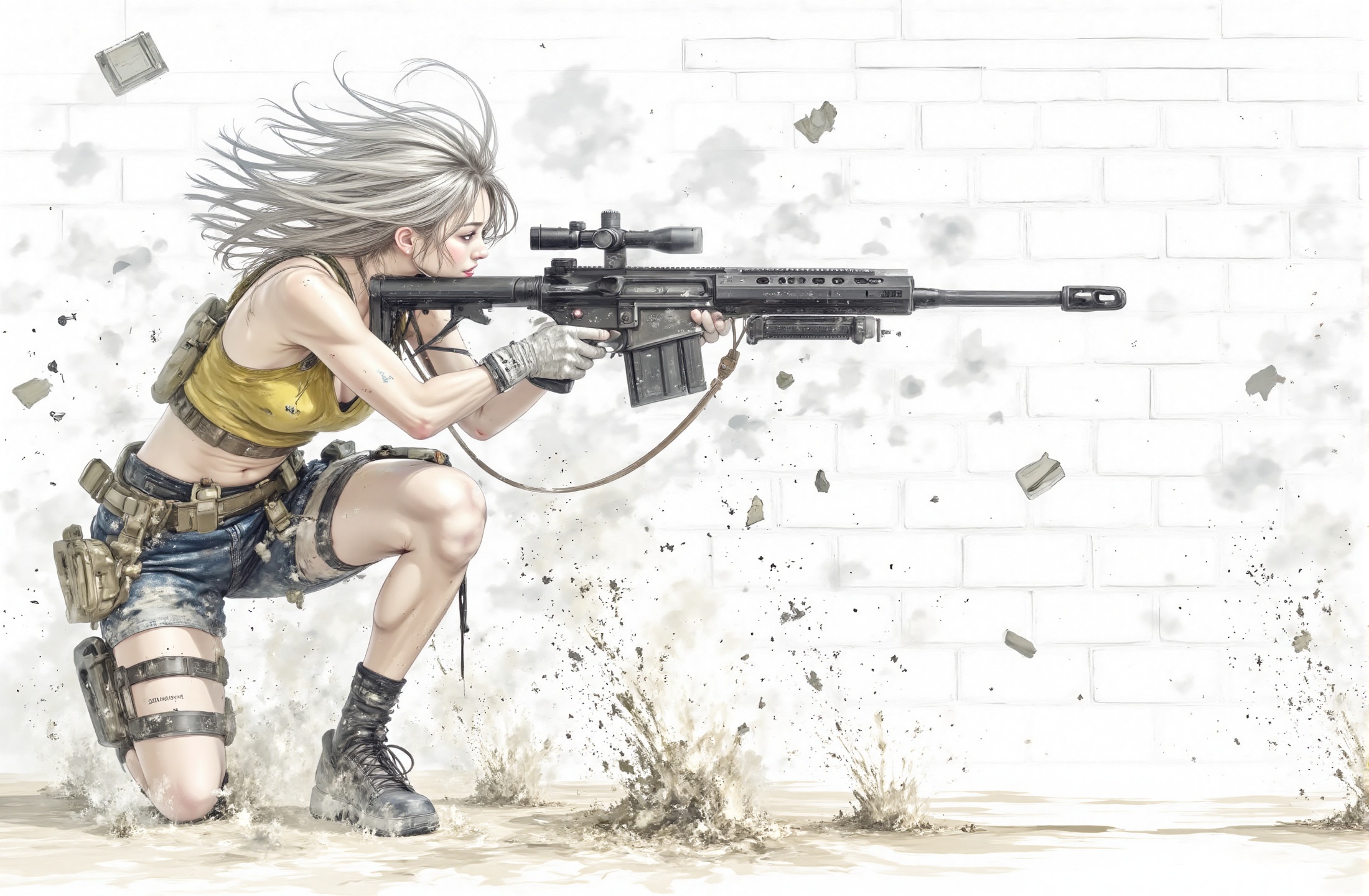 Digital Watercolor & Pencil Sketch Hybrid Style: An Asian girl with long white hair fluttering in the wind,  she is wearin...