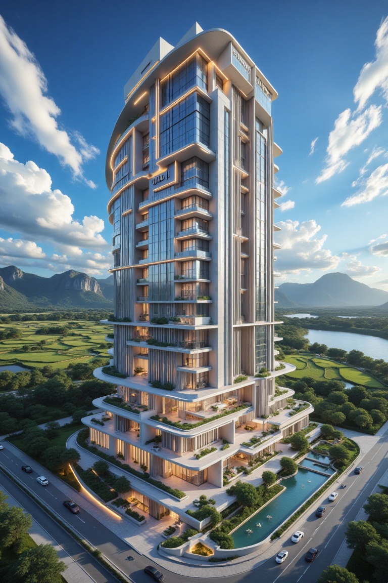 Created a futuristic luxury building with large glass,  smooth and modern architecture with section,  futuristic tower wit...