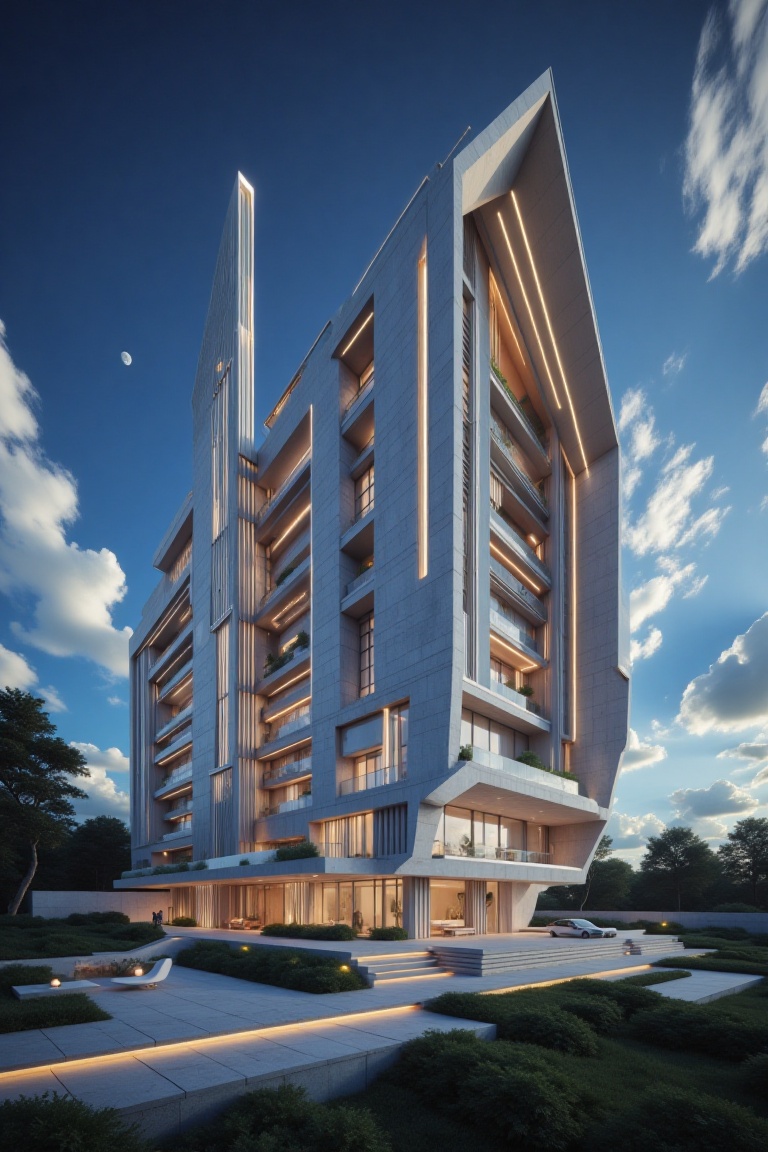 Beautiful modern house with section design,  like church. featuring angular shapes and a futuristic aesthetic,  slim skyli...