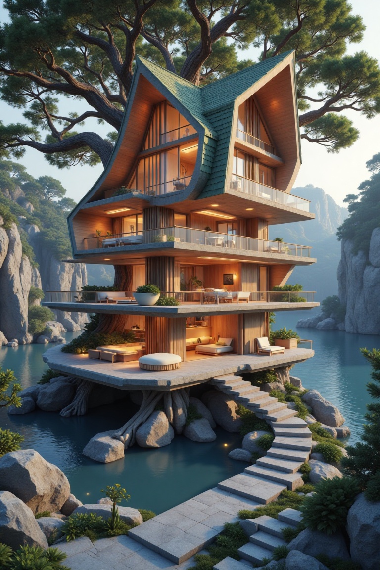 "A modern whimsical,  fantasy-style treehouse nestled within a massive ancient tree,  surrounded by misty cliffs and lush...