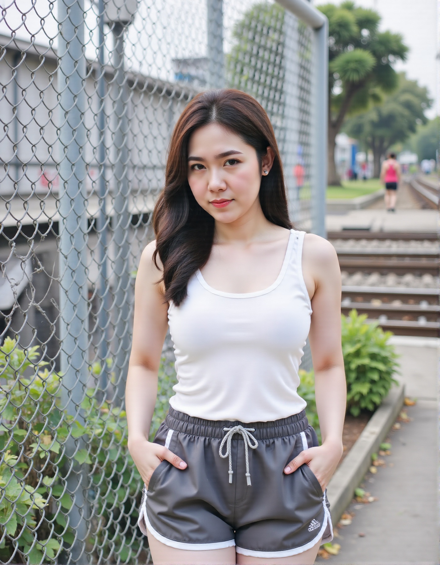 In this urban scene,  a young thai girl 20s.stands confidently in front of a chain-link fence adorned with barbed wire and...