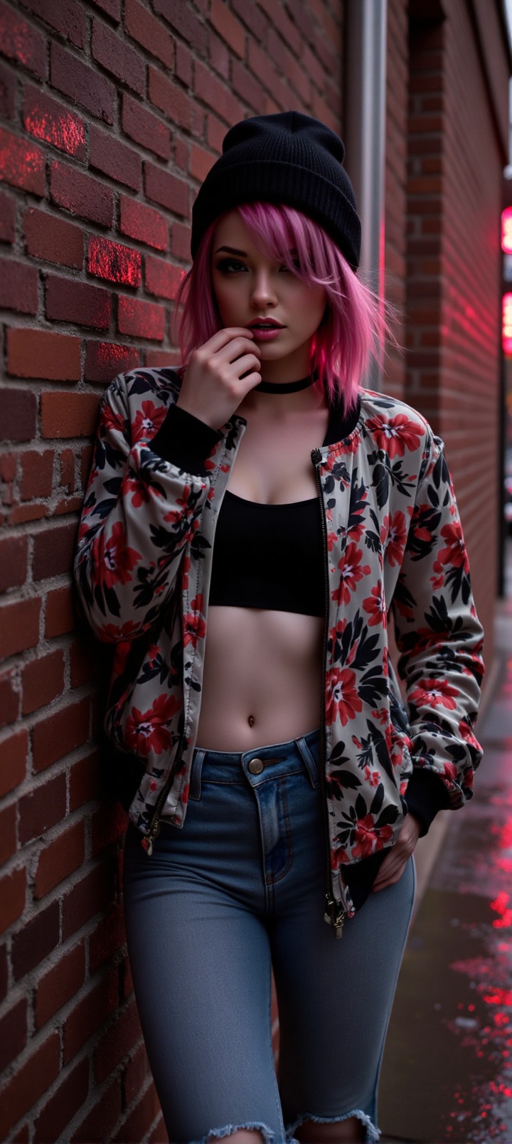 "A silver-pink-haired punk stands in a low angle shot,  leaning against a brick wall,  biting her lip. She wears a micro t...