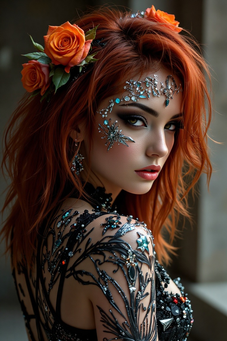 A dark siren radiates edgy allure,  her jewel-studded form catching cosmic light. Orange hair flows like liquid fire,  ros...