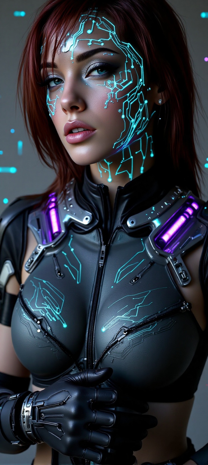 "Photorealistic portrait of a provocative young woman with half her face covered in silver cybernetic implants with expose...