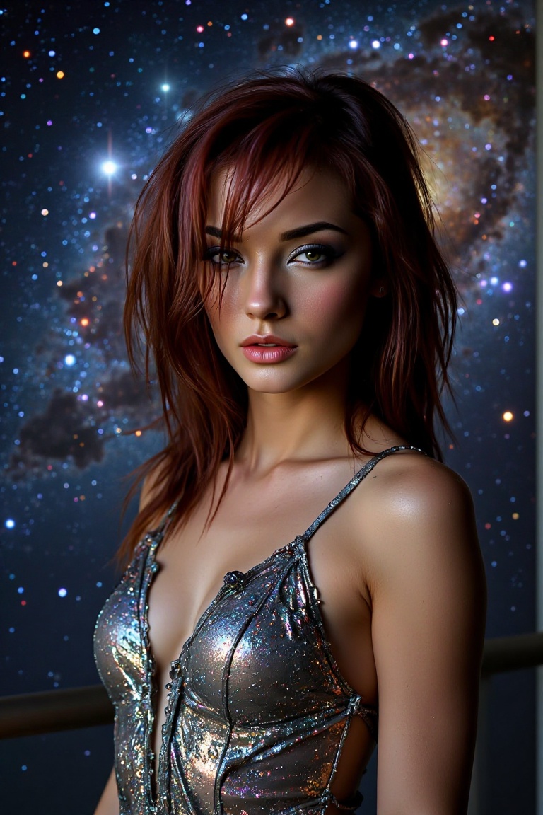 A woman stands under a starry sky,  her metallic dress shimmering with raindrops. Iridescent hair flows around her face,...