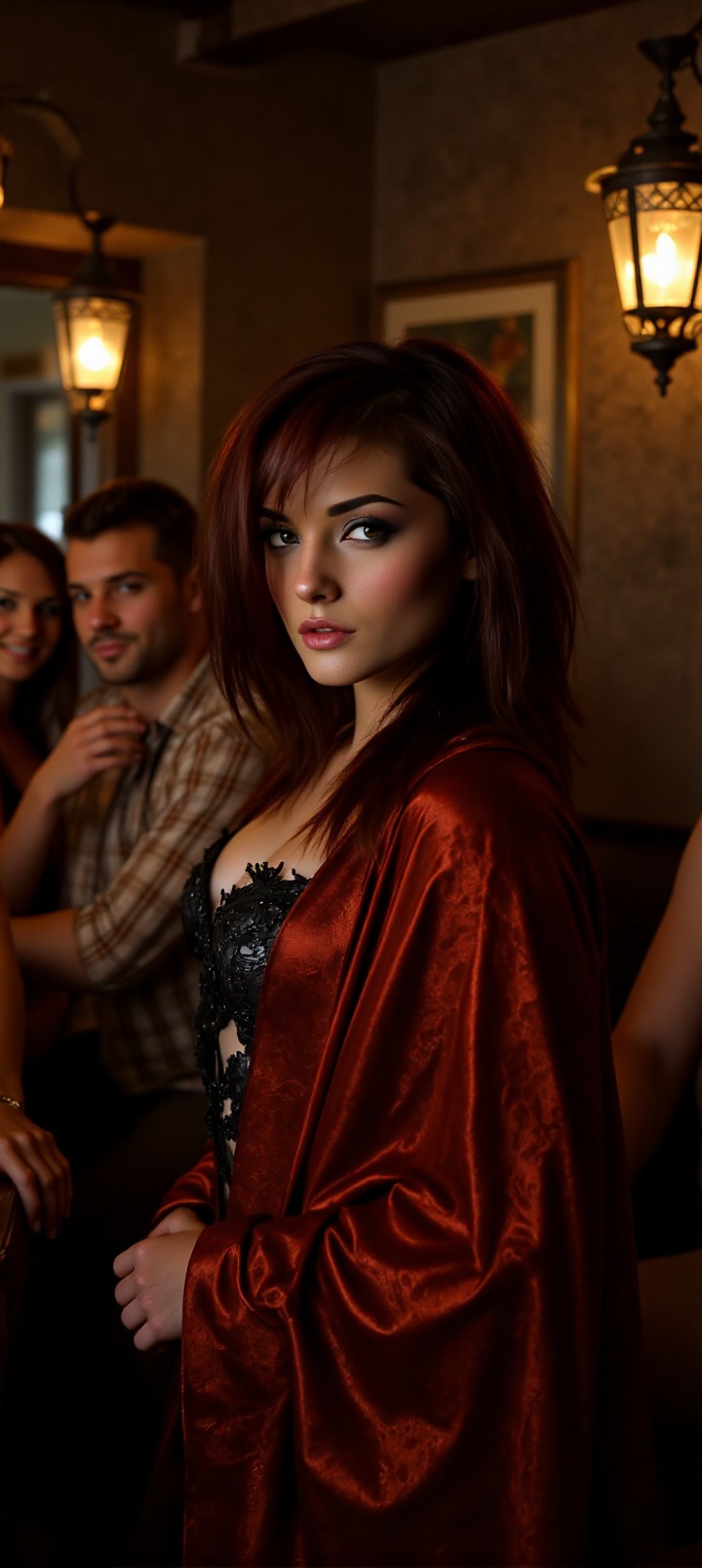 A sultry Dacotracian warrioress poses confidently in a dimly lit tavern setting. She stands tall,  her curves accentuated...