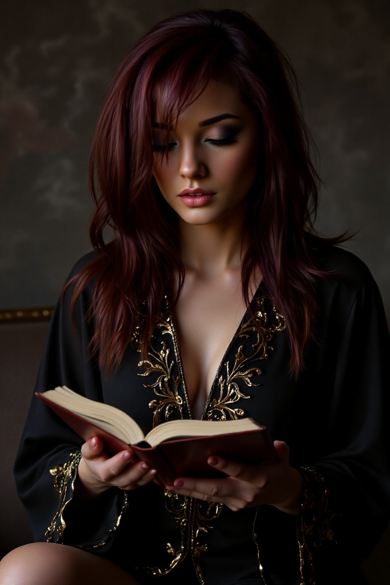 A hyper-realistic female sorceress with long dark purple hair reads a glowing book. Her glossy skin shines under magical l...